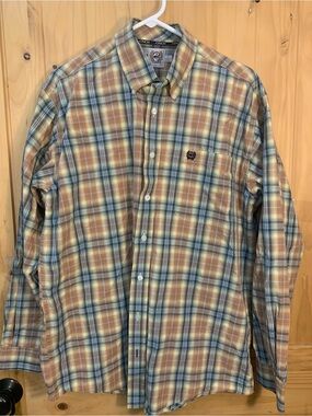 Cinch Men’s M Plaid Button Down Shirt Brown Blue Western Long Sleeve Logo